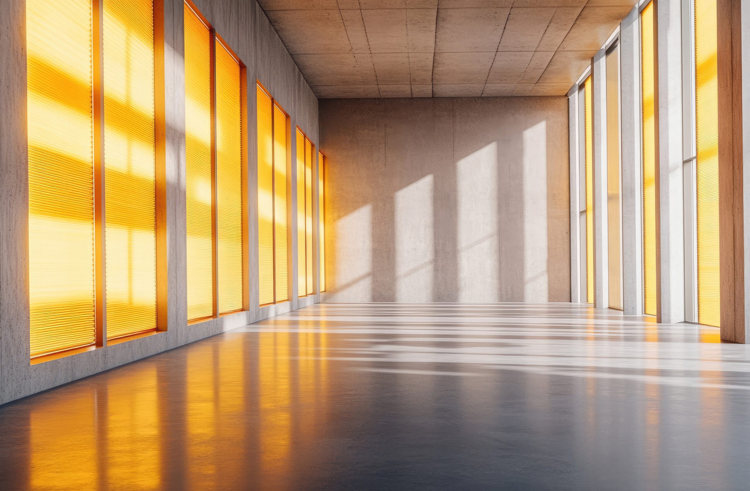 Bright and modern interior with orange blinds and sunlit walls in urban space